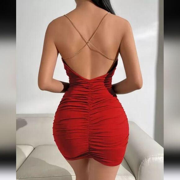 Allurite Women's Elegant Backless V-Neck Bodycon Sexy Date Mini Dress Red Sz XS - Picture 9 of 10